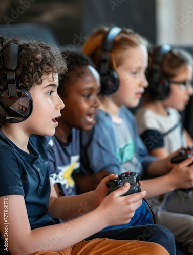 Diverse kids gaming with headsets on - A multicultural group of kids with gaming headsets engrossed in an exciting video game