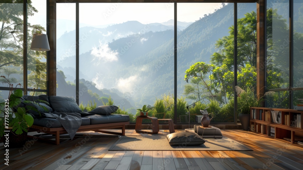 Modern living room with mountain view - A sleek and sophisticated modern living room with large windows showcasing a breathtaking mountain view and lush greenery