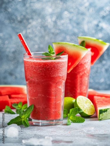 Refreshing Watermelon Smoothie with Mint - A vibrant glass of watermelon smoothie garnished with mint and a slice of watermelon, perfect for summer refreshment