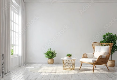 The interior has a armchair on empty white wall background