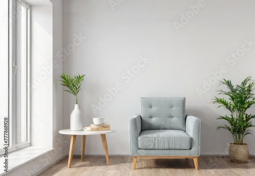 The interior has a armchair on empty white wall background