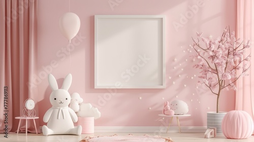 Mock up frame in unisex children room interior background, 3D render. Background for business