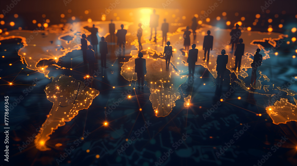 Obraz premium Business network concept with business people silhouettes standing on the world map and connecting in the style of glowing connections