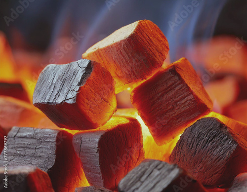 Closeup glowing hot charcoal briquettes as background AI photo