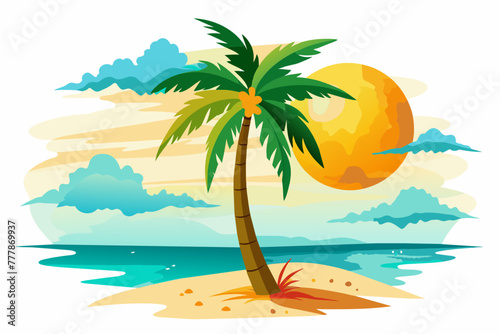 Fototapeta Naklejka Na Ścianę i Meble -  beach palm-sun-watercolor-white-background vector 