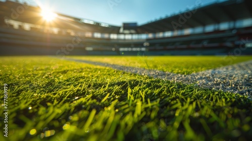 Sunlit stadium with a lush green field. © ladaz