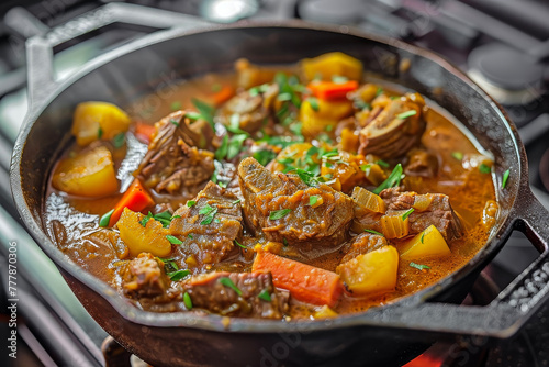 A Beef Stew, Slow-Cooked in a Traditional Cast-Iron Pot in a Classic Kitchen. This Dish, Offering Homely Warmth and Comfort, Promises a Much-Awaited Mealtime