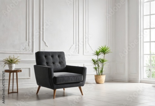 The interior has a armchair on empty white wall background