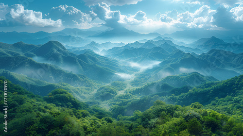 Large number of mountains, vast landscapes touching the horizons, skies and dense lush forest.