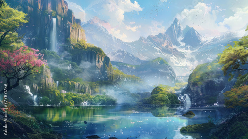 Fantastical landscape with waterfalls and floras - An enchanting digital landscape featuring majestic waterfalls, lush greenery, and vibrant flora