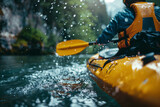 An individual kayaker, seen from the back, paddles calmly through a serene river surrounded by lush greenery