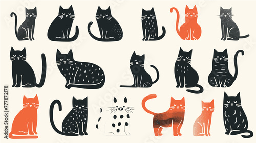 Hand drawn abstract cats, kitten, flat icons set. Color isolated illustrations. 