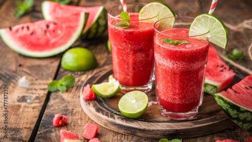 Tasty red watermelon smoothie with garnishes - Freshly made watermelon drink in glasses with lime  mint  and straws  wooden surface