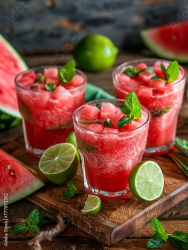 Two glasses of watermelon cocktail with lime - Freshly prepared watermelon cocktail glasses served with lime slices and mint on a wooden surface