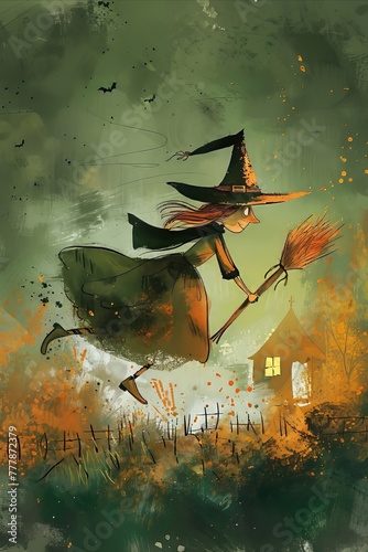 Illustration of Witch With BroomStick