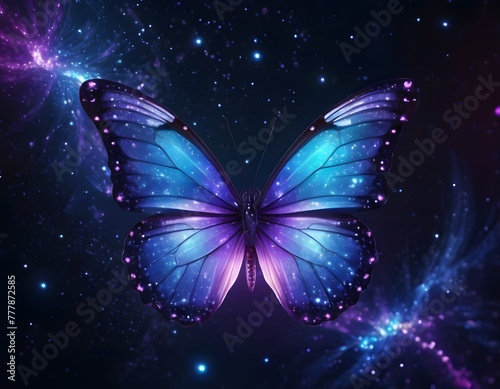  In a mystical display of beauty, a radiant purple butterfly flutters gracefully against a backdrop of deep purple galaxies, casting a spellbinding aura of enchantment and wonder.