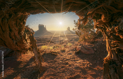 Monument Valley with frame and starry sun photo
