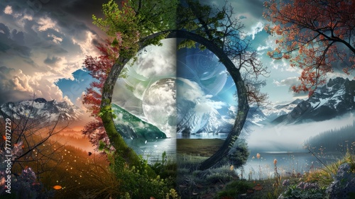 Mesmerizing surreal landscape with planetary rings - This captivating image blends a surreal landscape with a giant planetary ring, melding lush forests, pristine lakes, and snow-capped mountains into