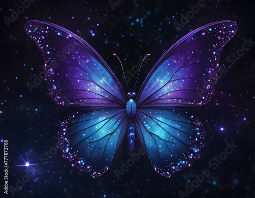  In a mystical display of beauty, a radiant purple butterfly flutters gracefully against a backdrop of deep purple galaxies, casting a spellbinding aura of enchantment and wonder.