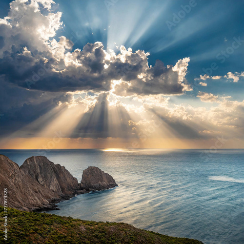 vast landscape with beautiful clouds and sun rays over ocean