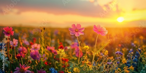 beautiful wild flowers against the background of sunrise. flowering field painted with oil paints © Muhammad