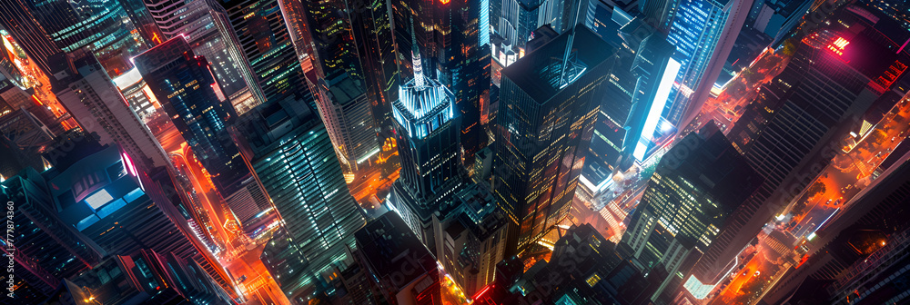abstract background, A mesmerizing aerial view of a city skyline showcasing the vibrant shimmering lights at night, An aerial top view of a massive skyscraper complex with a futuristic design, Blue. 