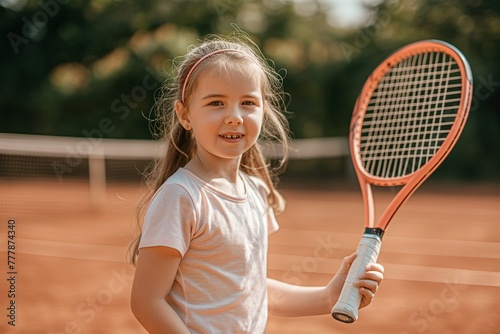 Child playing tennis on outdoor court. Little girl with tennis racket and ball in sport club. © Muhammad