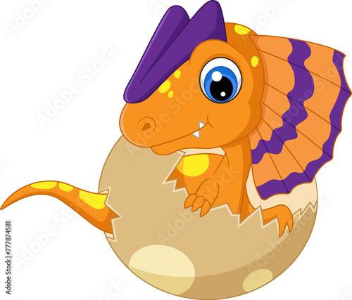 Cartoon baby dilaphosaurus hatching from egg