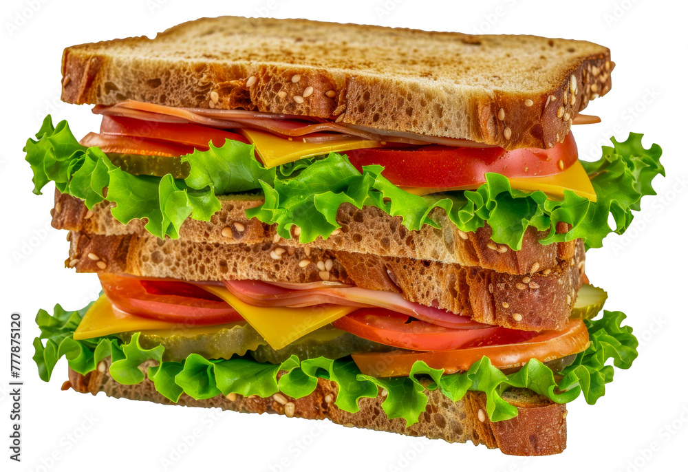 A sandwich with lettuce, tomato, and cheese, cut out - stock png. A sandwich with lettuce, tomato, and cheese, cut out - stock png.