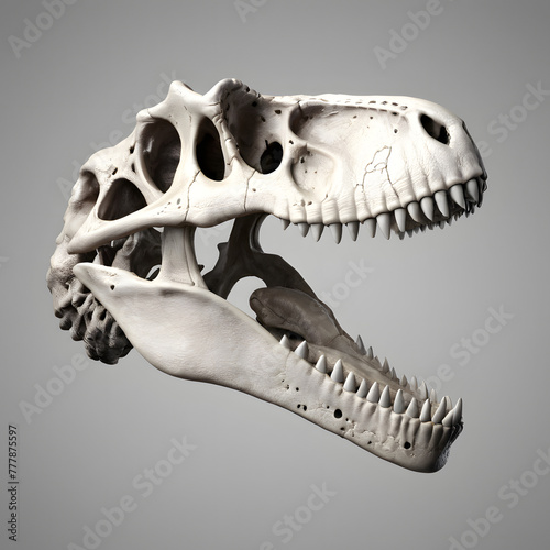  A fossilized Tyrannosaurus rex skull, symbolizing the field of paleontology and the study of ancient creatures from the prehistoric epoch, capturing the essence of a formidable predator.