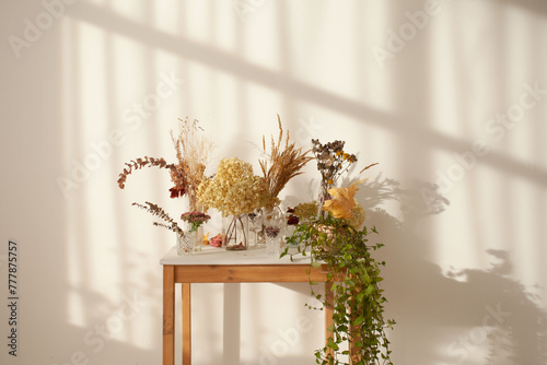 The table with the plants in the sunny room