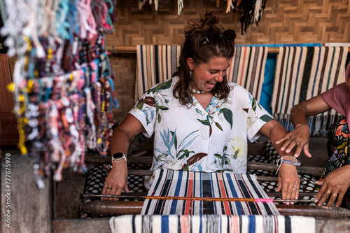 Tourist woman collaborating wth local retailers