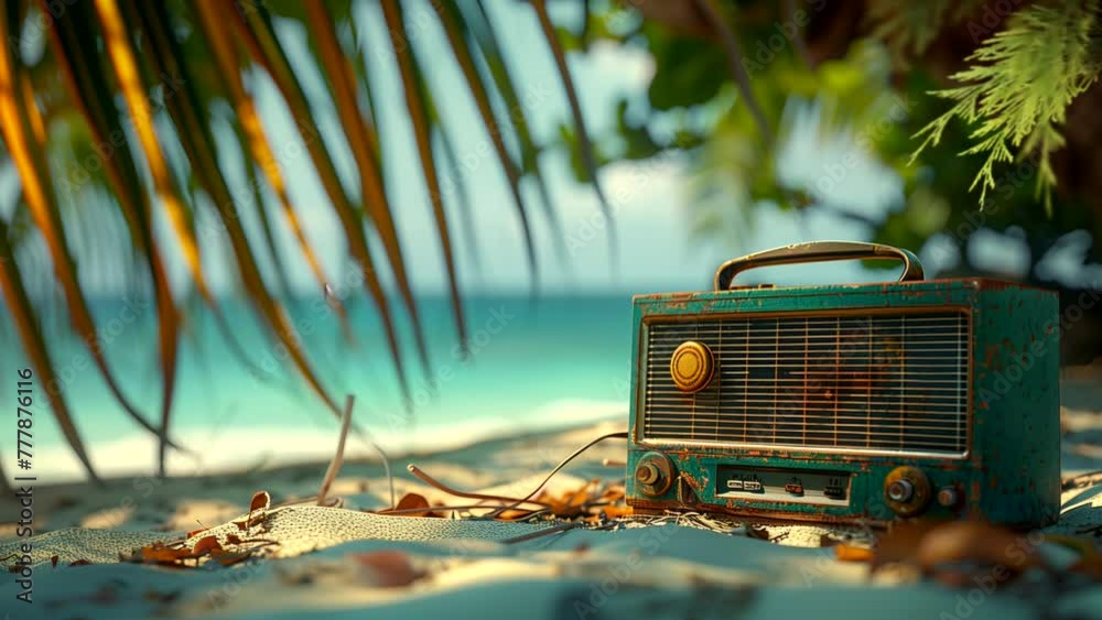 Radio on paradise beach during summer vacation. seamless looping 4k time-lapse video background