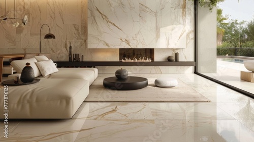 The modern design of the fireplace contrasts with the classical beauty of the marble blending effortlessly with the opulent furnishings and decor. .