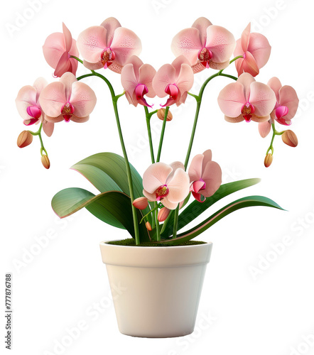 A white flower pot with a pink flower in it  cut out - stock png.