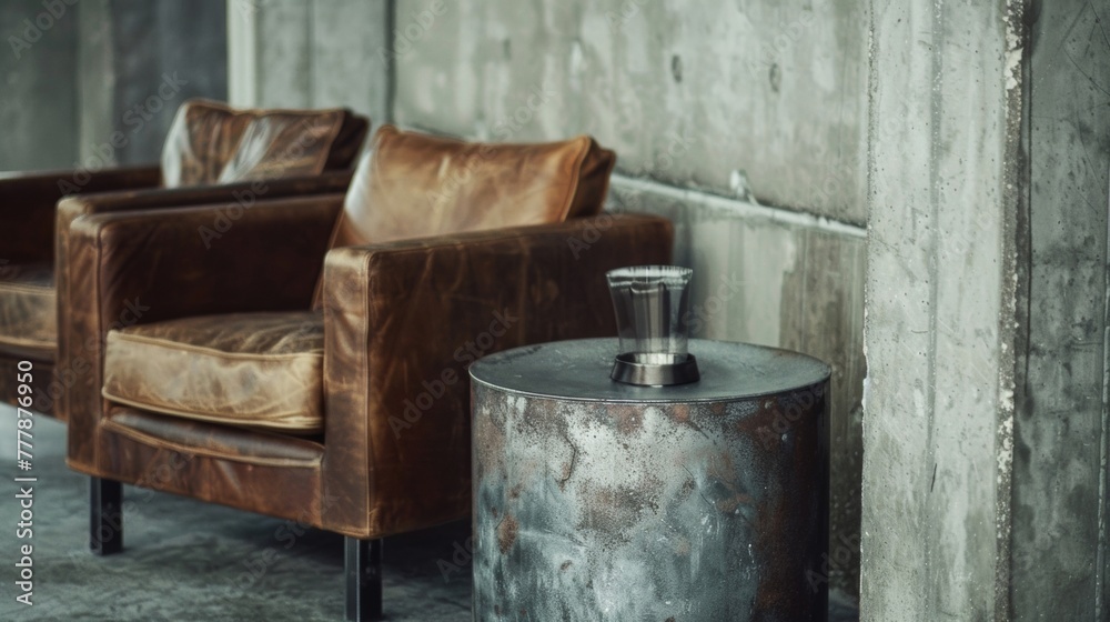 In a corner of the minimalist concrete space two beautifully worn leather club chairs sit next to a weathered metal side table. The combination of these sleek yet industrial pieces . In a corner of the minimalist concrete space two beautifully worn leather club chairs sit next to a weathered metal side table. The combination of these sleek yet industrial pieces .