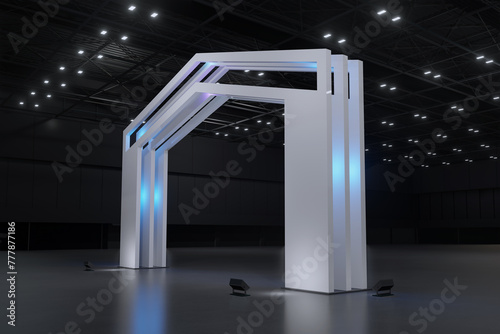 Exhibition stand for mockup and Corporate identity,Display design.Empty booth Design.Retail booth elements in Exhibition hall.booth Design trade show.Blank Booth system of Graphic Resources.3d render. photo