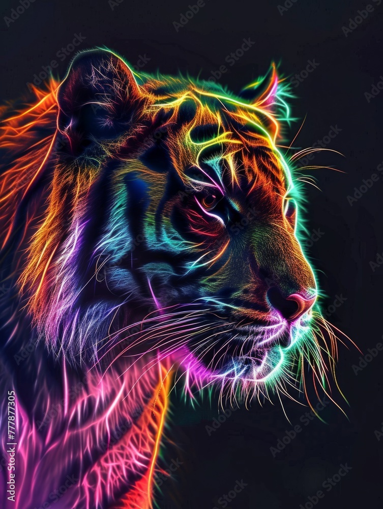 Vibrant Neon Tiger Portrait Artwork - This striking image displays a tiger's face illuminated with vivid neon lights, highlighting its features in a rainbow spectrum