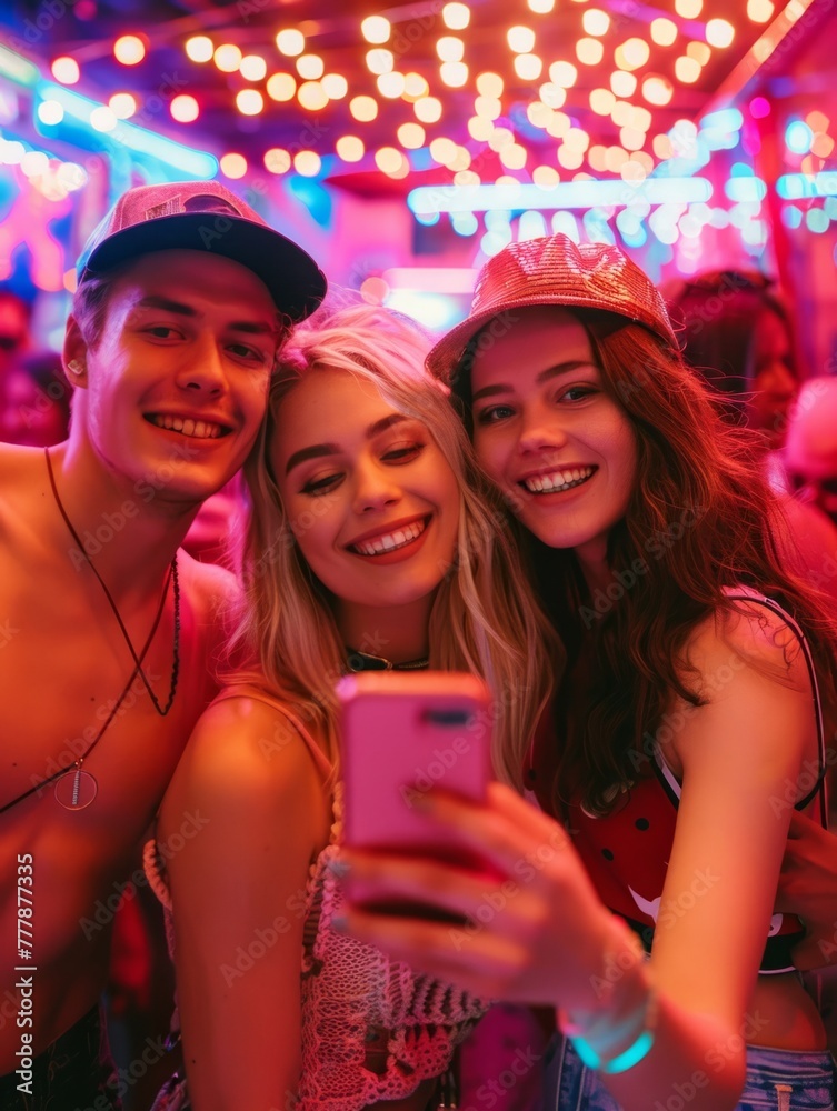 Friends taking a selfie at a vibrant party - Three young adults taking a selfie with a smartphone in a neon-lit party atmosphere, smiling and enjoying the moment