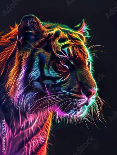 Vibrant Neon Tiger Portrait Artwork - This striking image displays a tiger s face illuminated with vivid neon lights  highlighting its features in a rainbow spectrum