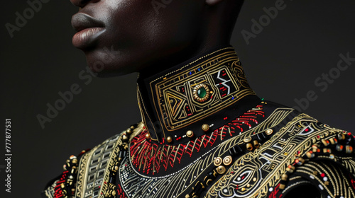 A powerful image of a black man wearing a mix of traditional West African textiles and tingedge design elements. The intricate details of his outfit from the beaded collar to the laser .