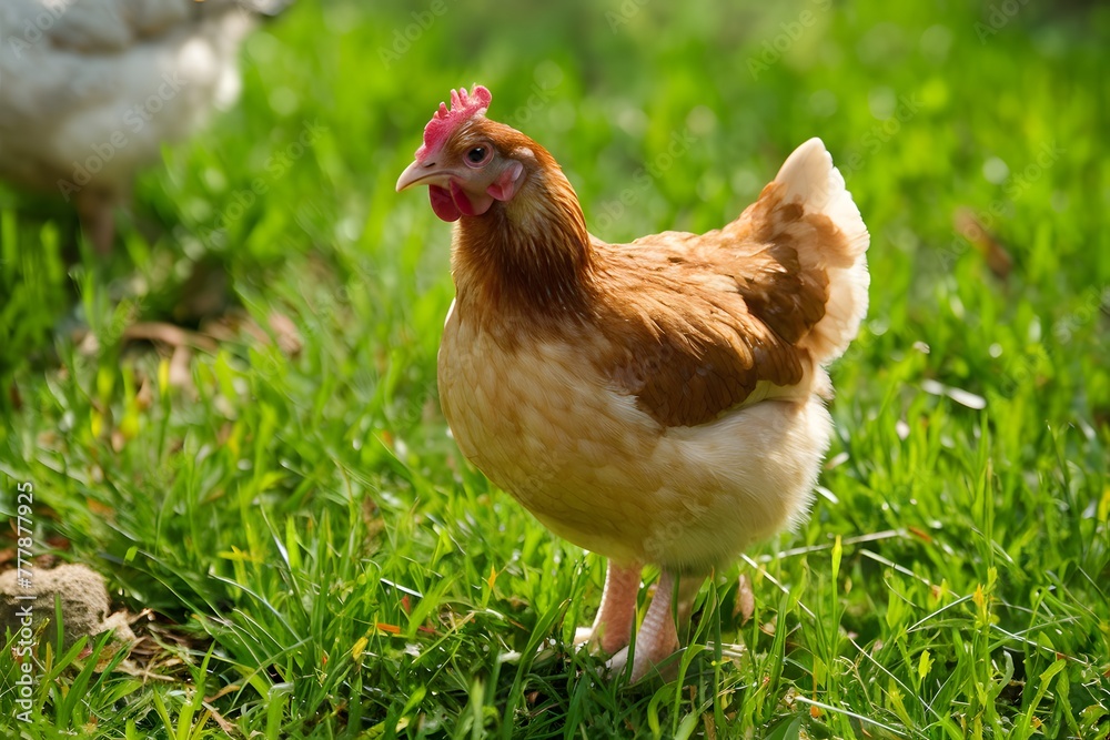 Fototapeta premium Adorable young chicken stands in vibrant farmyard setting