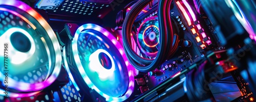 Cooling fan display with colorful neon LED lights on computer pc
