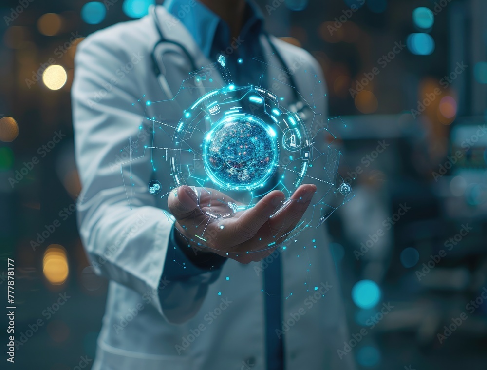 Medical Interaction: Doctor with Holographic Symbols and Digital Sphere Medical Interaction: Doctor with Holographic Symbols and Digital Sphere