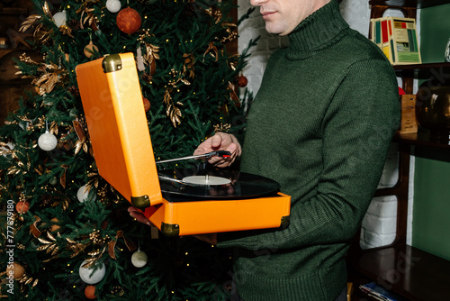 Man with gramophone, Christmas tunes photo