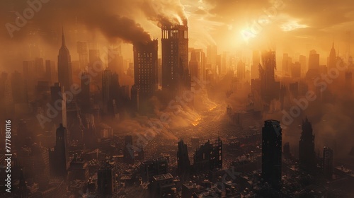 Apocalyptic cityscape, dystopian world, destruction, sunset photo