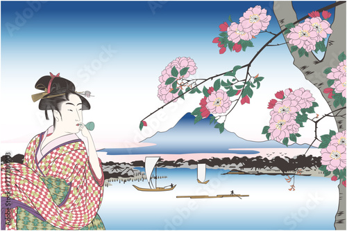 浮世絵　歌川広重と喜多川歌麿のビードロを吹く女と隅田川水神の森真崎のイメージイラスト1