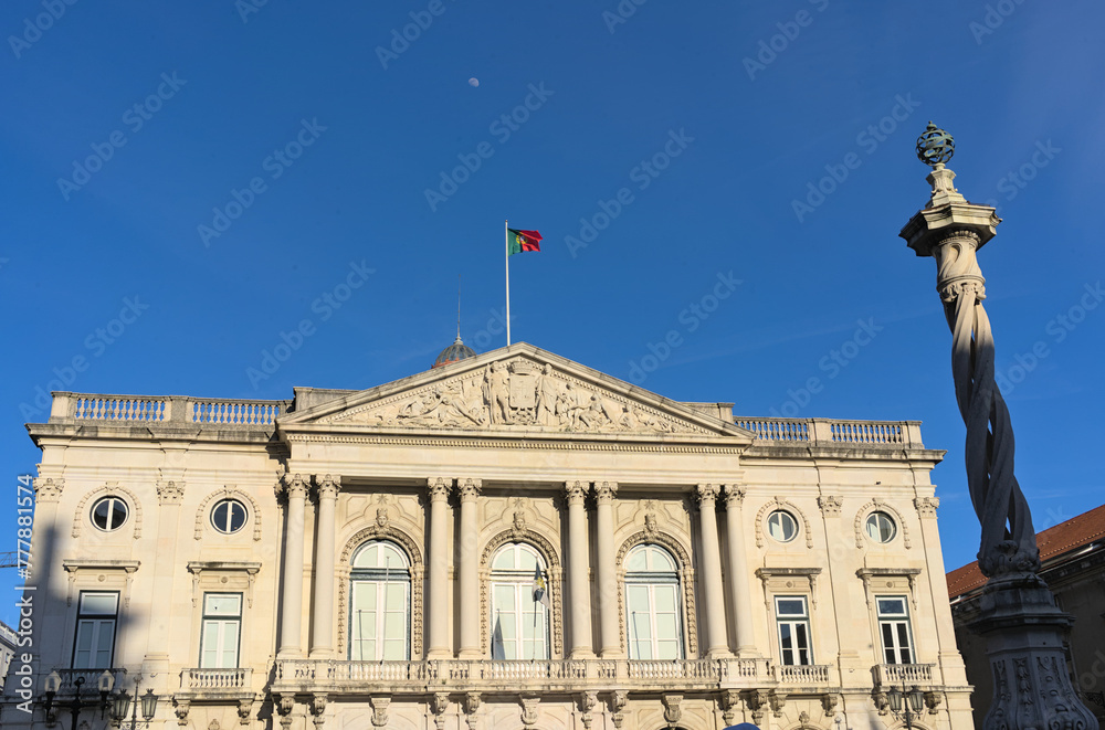 February 14, 2024, Lisbon, Portugal: Town hall square during sunny winter afternoon. 