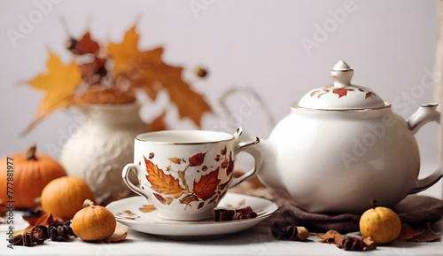 Beautiful autumn teatime with cup and teapot on white.generative.ai