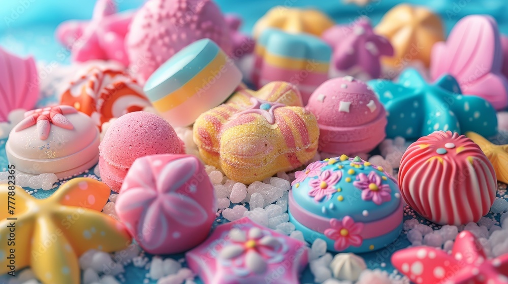 A colorful assortment of summer themed bath bombs and salts on a bright background, 3D render clay style , summer background, top view, copy space, studio shooting